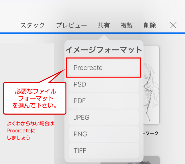 Procreateのデータ転送と共有方法のフォーマット選択